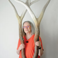 Susanna Blunt/Antlers /photo Mike Wakefield July 2315
 Visual artist Susanna Blunt with the Antler/Tree a piece she is currently assembling -News pg3