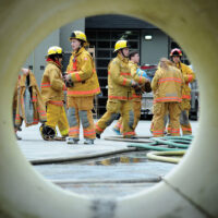 Fire Training Students
  -photo Mike Wakefield  May10/17
 
 Fire Fighter training for High school students ,part of Career Day 2017 through the NVSD44 . Students from across the District were brought to the NV Fire Training centre and run through some fire fighter training.Capt Gunther Kramer leads a group through fire suppression training.-News