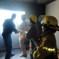 Fire Training Students
  -photo Mike Wakefield  May10/17
 
 Fire Fighter training for High school students ,part of Career Day 2017 through the NVSD44 . Students from across the District were brought to the NV Fire Training centre and run through some fire fighter training.Capt Gunther Kramer leads a group through fire suppression training.-News